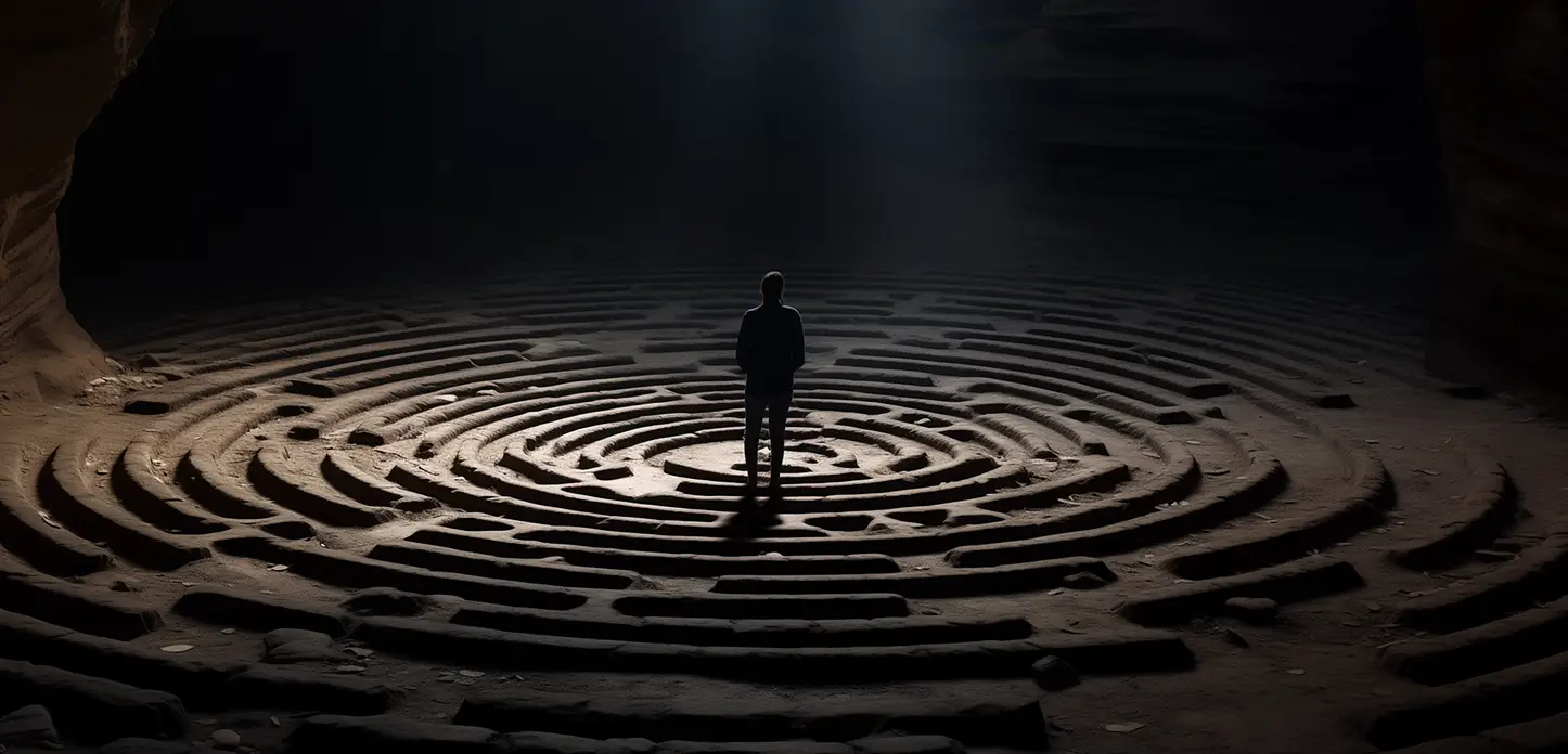 a person stand on top of a stalagmite mave in a cave staring in the a dark and empty void