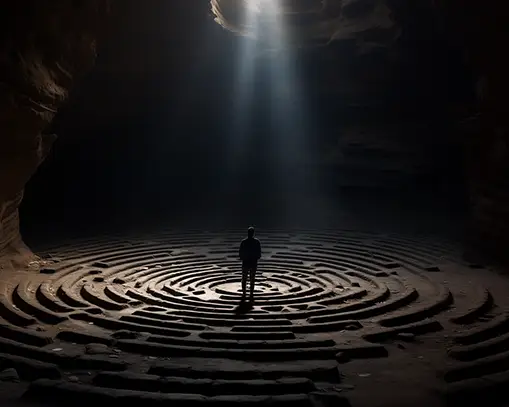 a person stand on top of a stalagmite mave in a cave staring in the a dark and empty void