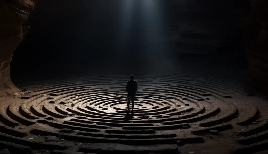 a person stand on top of a stalagmite mave in a cave staring in the a dark and empty void