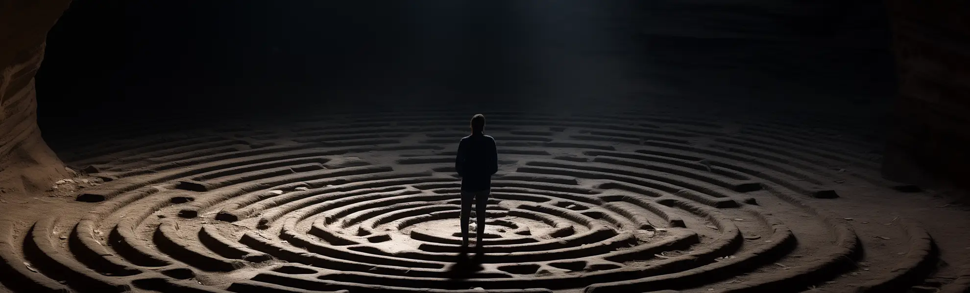 a person stand on top of a stalagmite mave in a cave staring in the a dark and empty void