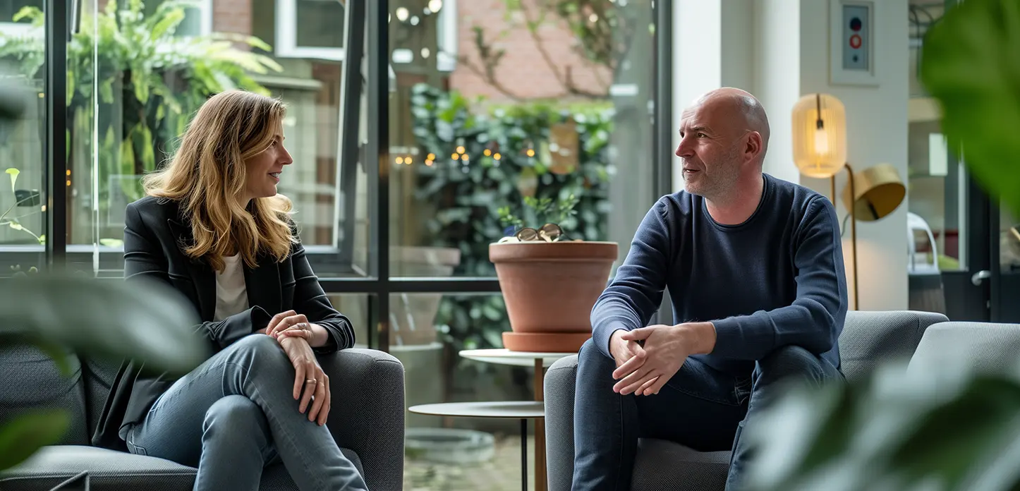 a man and a woman sit in chairs and talk between themselves