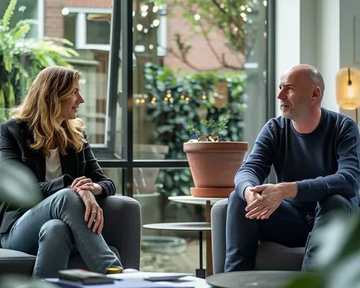 a man and a woman sit in chairs and talk between themselves