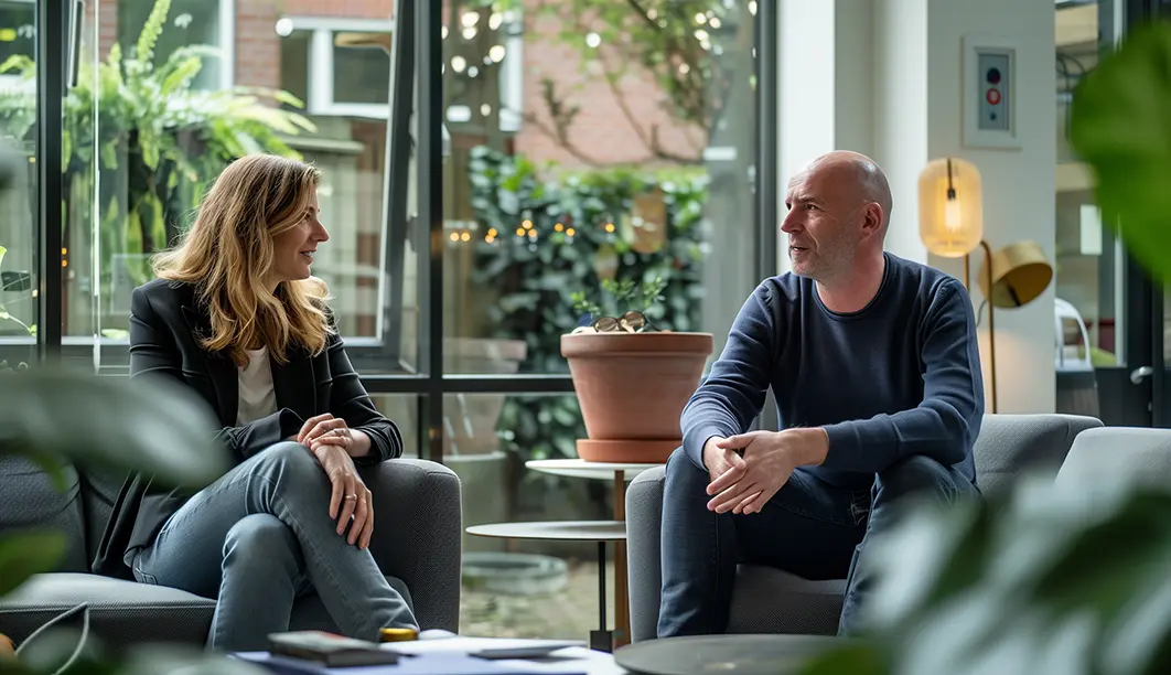 a man and a woman sit in chairs and talk between themselves