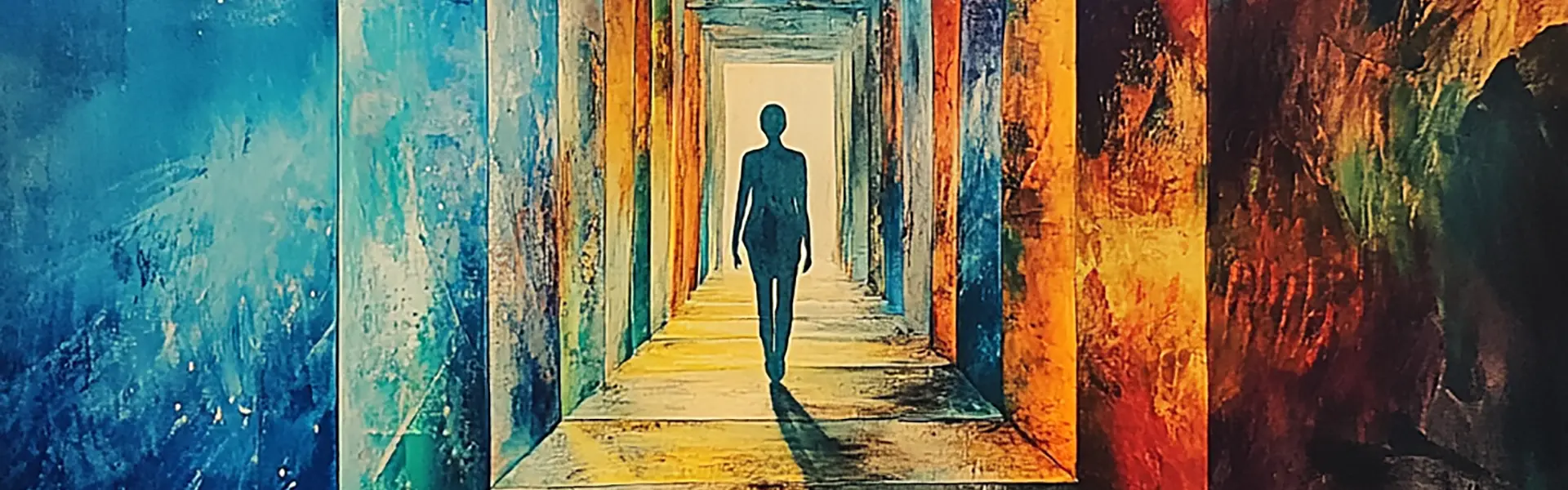 a shadow figure walking through an abstract hall with infinite open doors