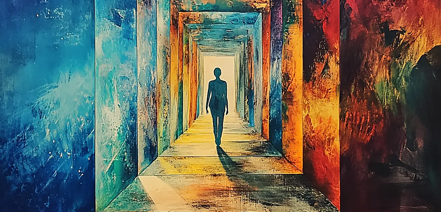 a shadow figure walking through an abstract hall with infinite open doors