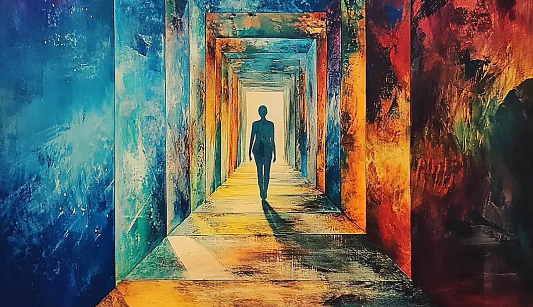 a shadow figure walking through an abstract hall with infinite open doors