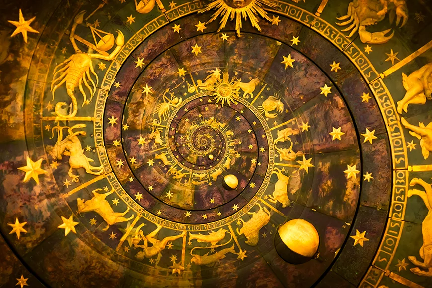 A rustic spiral containing the twelve zodiac signs