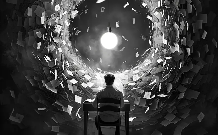 A person sits contemplatively at a desk surrounded by a whirlwind of papers, with a singular bright light bulb overhead in an otherwise shadowy room.