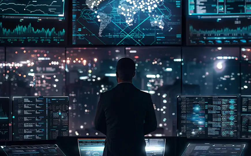 A person in a dark suit oversees a sophisticated control room with illuminated screens displaying global data.