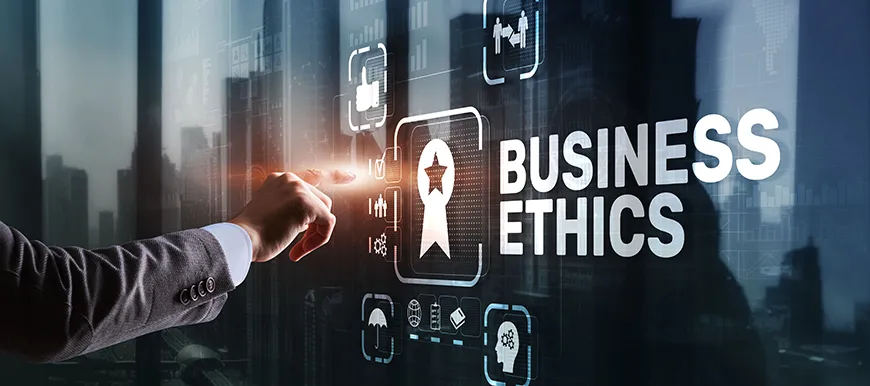 A businessman’s hand reaches out to touch a holographic display with symbols and the words “business ethics.”