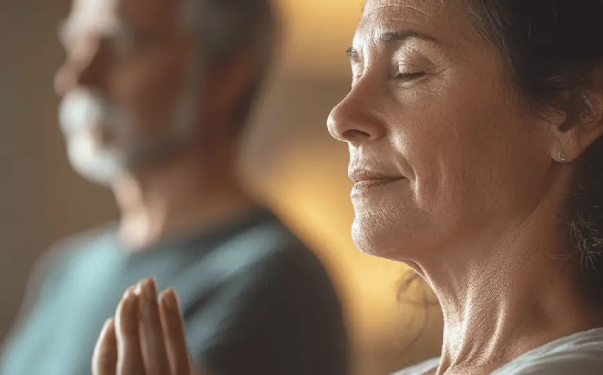 A close-up of two adults in a meditative pose, embodying calm and presence through their serene expressions.