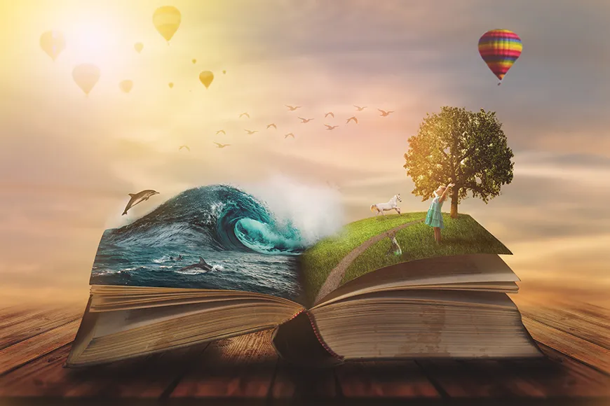 The pages of an open book show portals to two worlds.  Above the book is hot air balloons flying in the sky. The world depicted on the left page is the sea with dolphins jumping in the waves, and the world on the right shows a woman standing next to a tree.