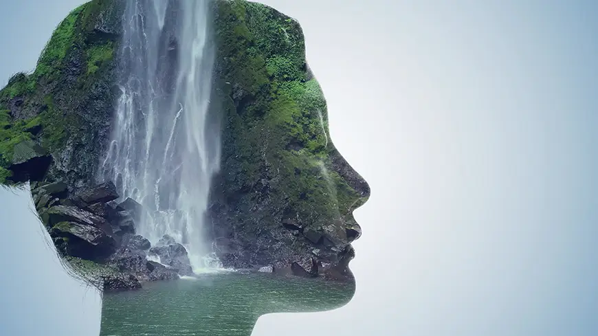 The image of a woman’s head while in meditation overlaps with the image of a cascade that shows her mind’s nature at that moment.