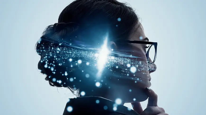 A woman wearing glasses, thinking, overlapped with the image of a galaxy.