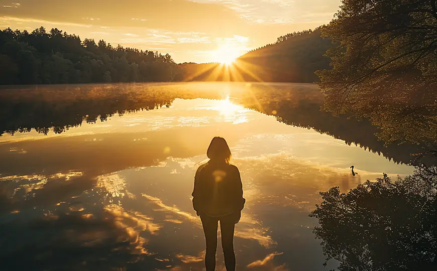 A person stands at the edge of a calm lake, witnessing a captivating sunrise amidst a forested landscape.