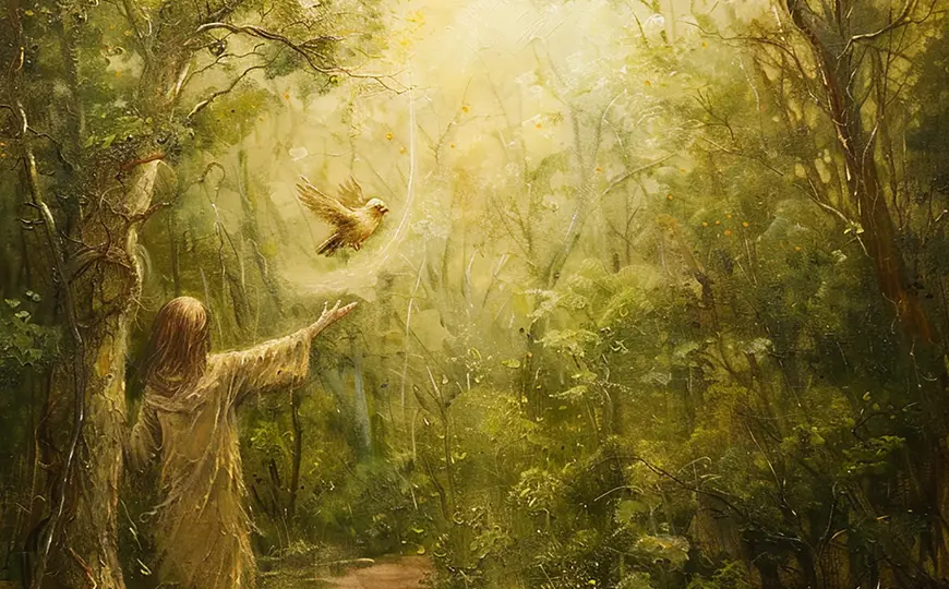 A mystical figure in a forest clearing extending a hand towards a glowing bird in flight, with rays of sunlight filtering through dense foliage.