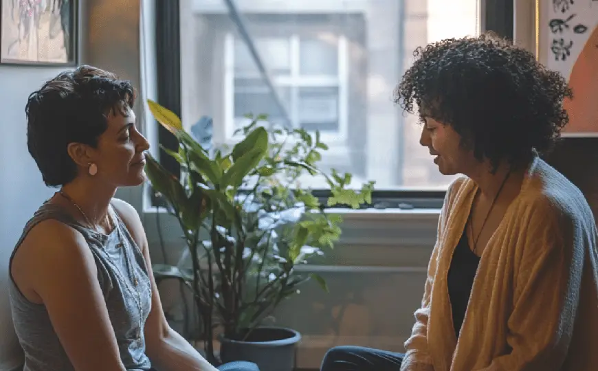 An embodiment coach and an adult student sit on mats in a cozy, sunlit room, engaging in a mindful conversation.