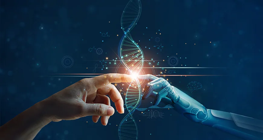 The finger from one human hand touches the finger of a robot hand, while between the fingers, there is a DNA strand.