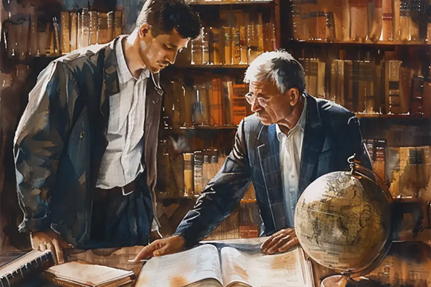 An elderly mentor and a younger individual studying a large open book together in a warmly lit library, surrounded by bookshelves and a globe.