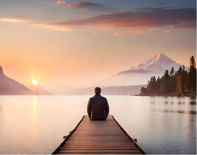 A man sits at the end of a dock watching the sunrise over a mountain lake